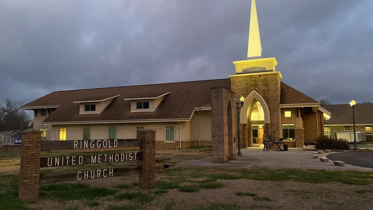 Ringgold United Methodist Church entrance at dusk